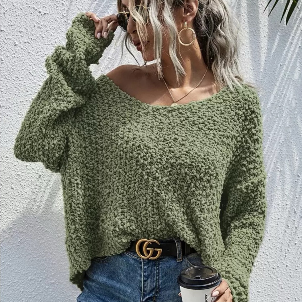Cozy Green Drop Shoulder Popcorn-Knit Sweater
